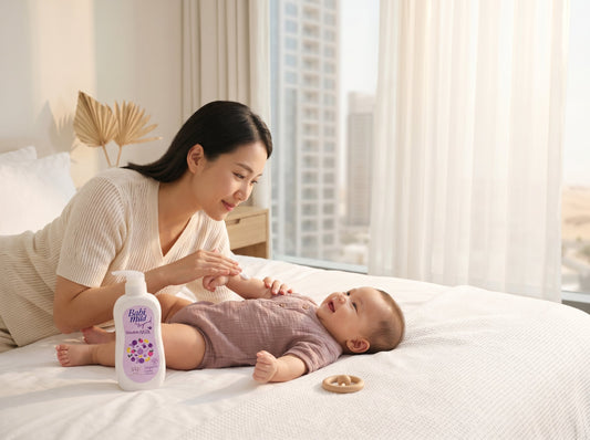 Asian Mom Applying Baby lotion on her baby in white bed