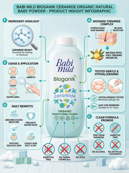 Babi Mild - Bioganik | Organic Natural Baby Powder (45/160g) infography