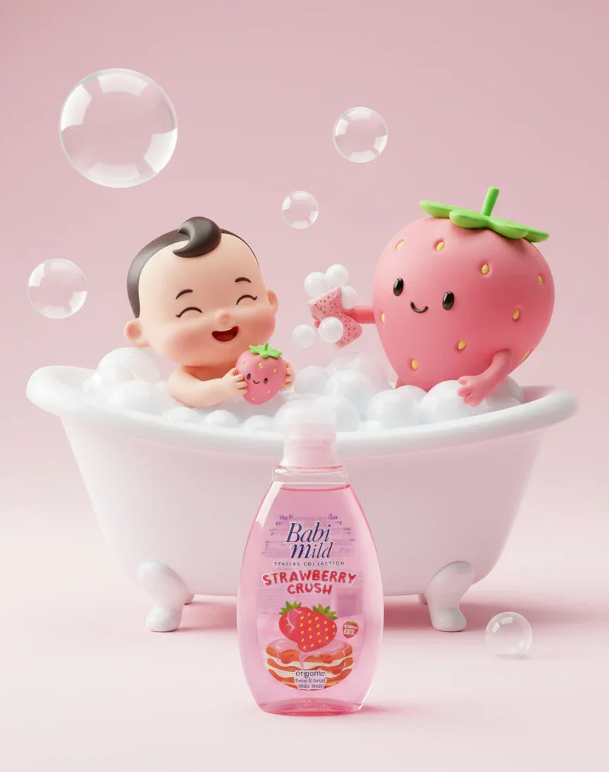 Babi Mild - Strawberry Crush | Head & Body Baby Bath (180ml) Carton strawberry bathing with kid in UAE
