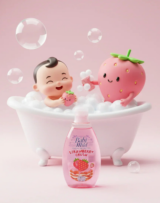 Babi Mild - Strawberry Crush | Head & Body Baby Bath (180ml) Carton strawberry bathing with kid in UAE