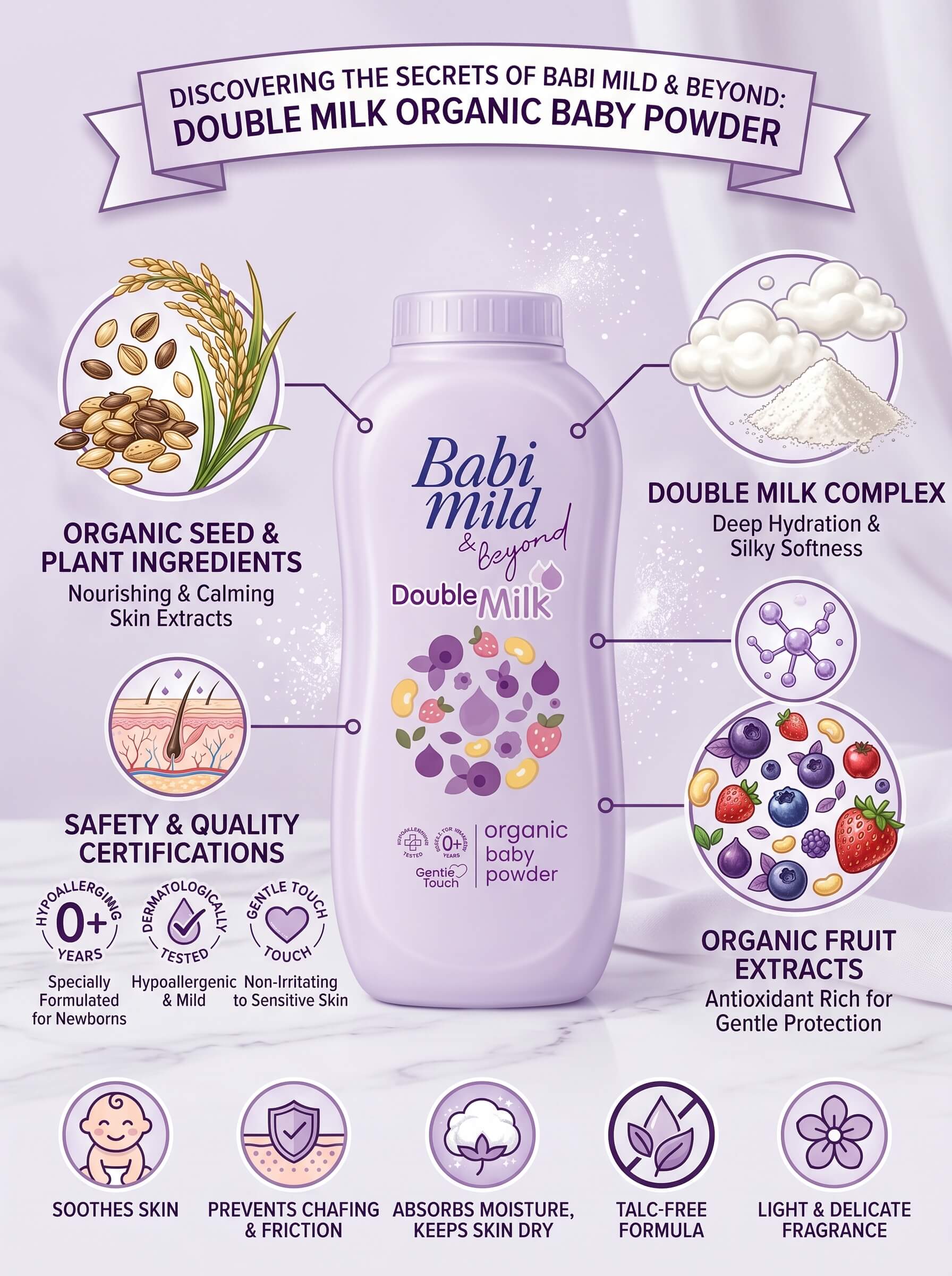 Babi Mild & Beyond - Double Milk | Organic Baby Powder (45/160g) Infographic