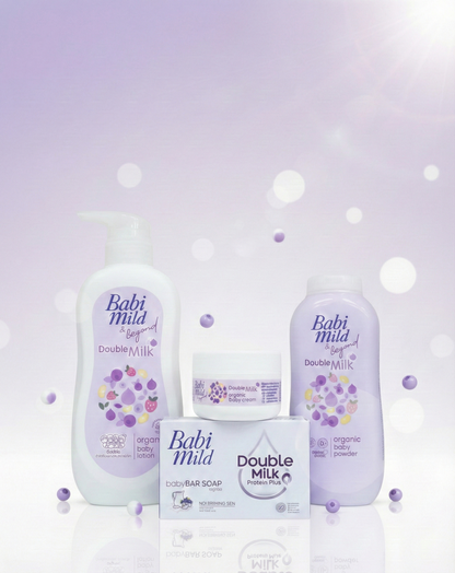 Babi Mild & Beyond Double Milk Protein Baby Care Set – Organic Baby Lotion, Baby Powder, Body Cream & Baby Bar Soap
