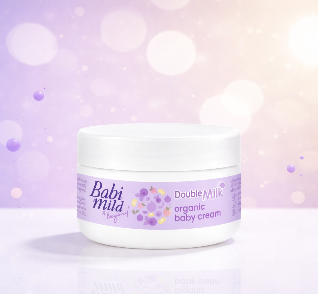 Jar of Double Milk organic baby cream on a light purple background   Babi Mild & Beyond Double Milk Protein Organic Baby Cream