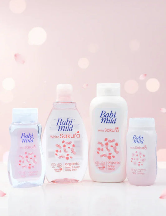 Babi Mild White Sakura Baby Care Set – Organic Baby Oil, Head & Body Baby Bath, Baby Lotion & Baby Powder