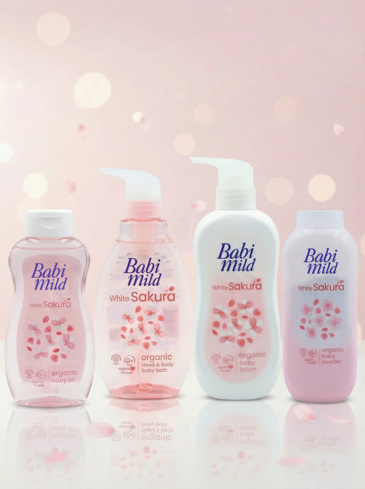 Babi Mild White Sakura Organic Baby Care Set – Baby Oil, Head & Body Baby Bath, Baby Lotion & Baby Powder
