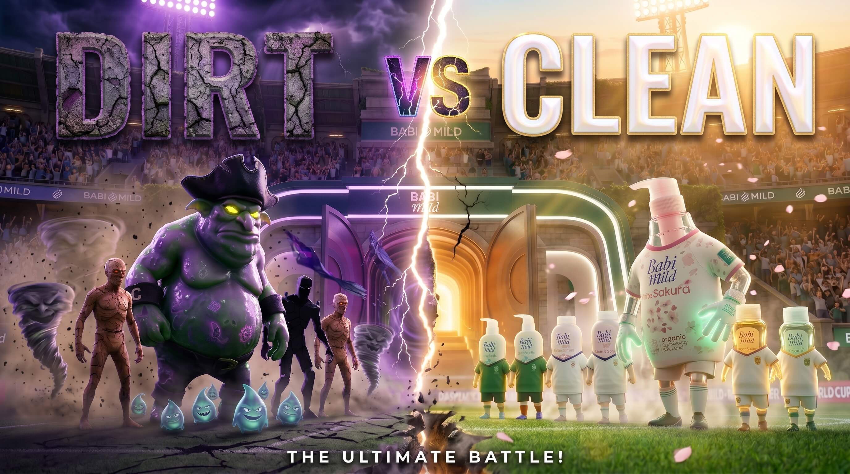 Load video: Cinematic football-themed brand video where a baby and Babi Mild product characters defeat dirt monsters, score a goal, and win a golden trophy in a stadium celebration.